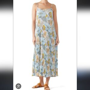 Vince Blue Floral Pleated Maxi Dress with Yellow Accents